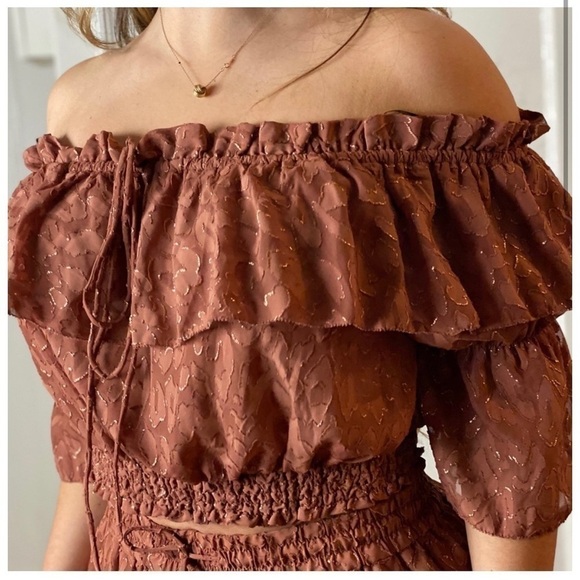 H&M Rust Cheetah Wide Leg Pants & Off Shoulder Bardot Crop Top Set Sz 12 - Picture 5 of 15